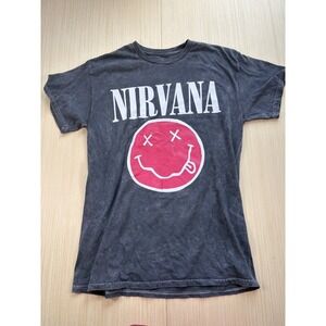 Nirvana T-Shirt Men's Medium Black Graphic Tour 1993 Smiley Crew Neck Pullover